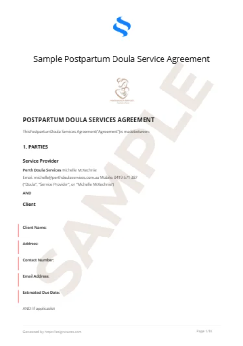 Postpartum Doula Service Agreement Sample